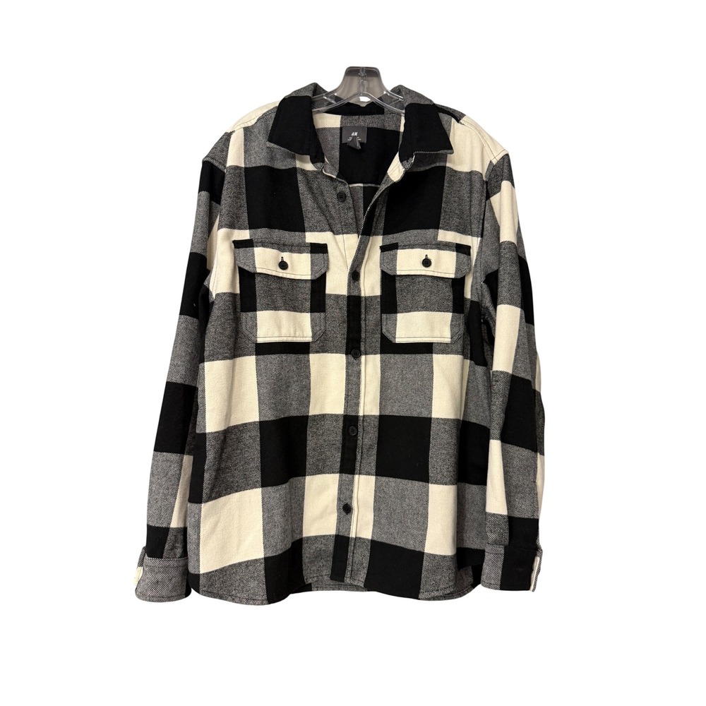H&M Black White Buffalo Plaid Shacket Regular Fit Button Down Shirt Jacket XL